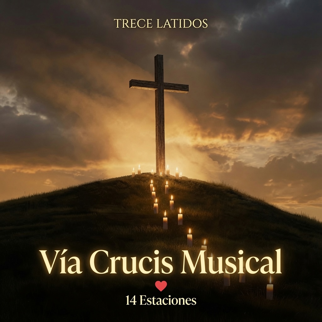 Vía Crucis Musical — una cruz sobre la colina al atardecer, con un camino de velas encendidas
